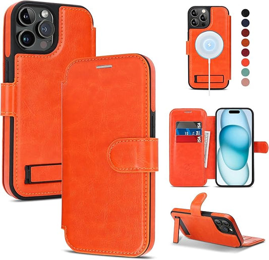 CIVICASE for iPhone 14 Pro Wallet Case with Stand,PU Leather Flip Credit Card Holder Slots (RFID Blocking),Compatible with Magsafe Magnetic Holder Phone Cover Women Men,Orange