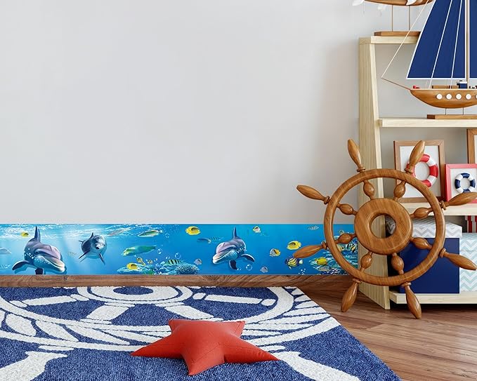 FLFK Peel and Stick Wallpaper Border Wall Decals for Kids Room - Under The Sea Fish Stickers Murals, 7" x 240" (Blue)