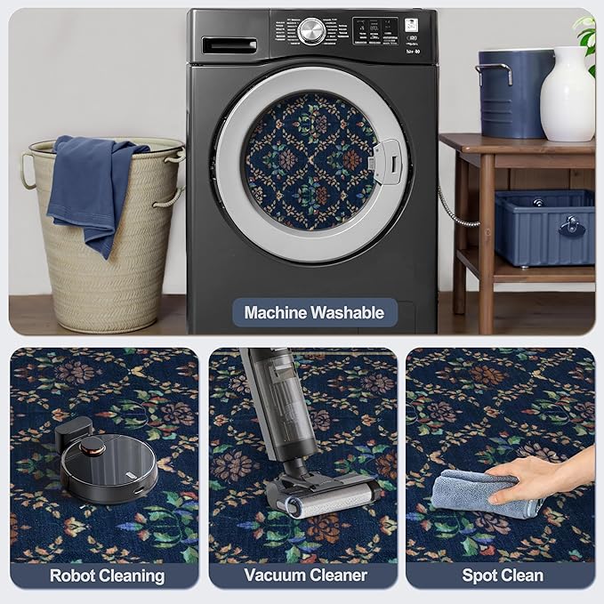 Tangsoo 2x6 Washable Runner Rug for Hallways, Non Slip Blue Floral Carpet Runner, Soft Low Pile Floor Carpet Runner for Kitchen, Laundry, Bedroom, Bathroom, Living Room Home Decor