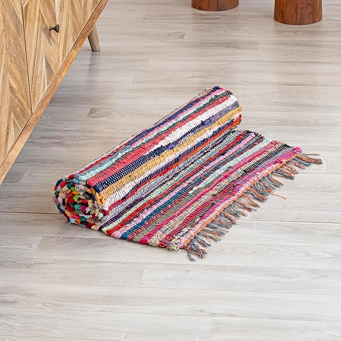 HOMEMONDE 2'x8' Chindi Runner Rug with Tessels | Reversible Hand-Braided Multicolor Cotton Rug | Recycled Stylish Boho Runner for Kitchen, Bedroom, & Living Room Decor