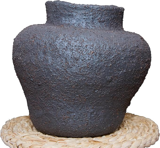 Rustic Wide Mouth Ceramic Flower Vase Vintage Farmhouse Style Decor, Frosted Texture Pottery for Home Decor, Modern Living Room, Office Desk Table Centerpiece (Black) 5.5IN