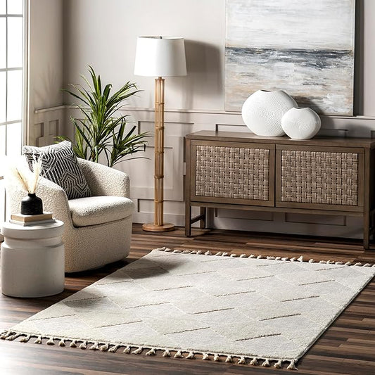 Nuloom Marissa Off-White/Grey, 10' x 14', Diamond, Tassel, Soft and Cozy, High Traffic, Stain Resistant, Easy Clean, Durable Area Rug for Bedroom, Living Room, Dining Space, Den, Foyer, Entryway