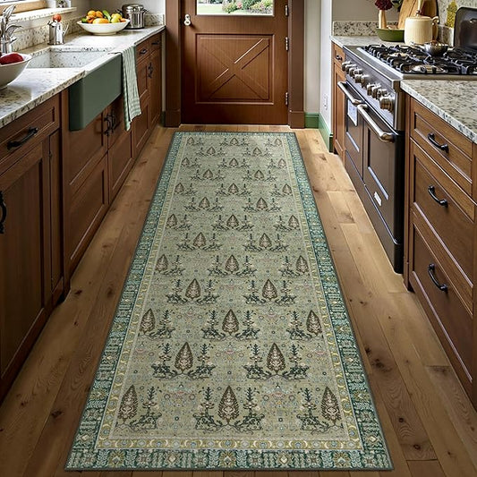 Tangsoo 2x6 Washable Runner Rug for Hallways, Non Slip Vintage Boho Green Floral Rug for Entryway Kitchen Laundry, Non Slip Soft Low Pile Indoor Rug for Bedroom Bathroom Beside