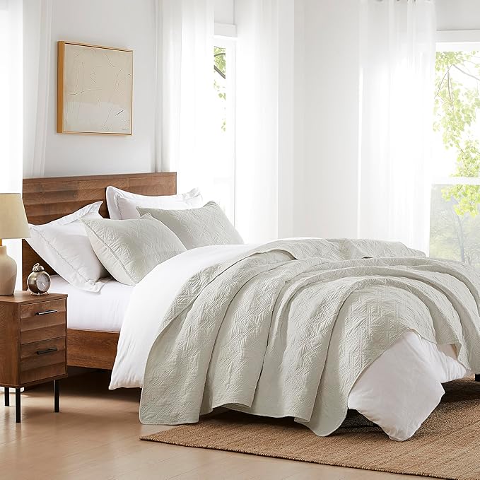 WDCOZY 100% Cotton Oversized King Quilt Set - Beige California Cal King Size Soft Lightweight Modern Bedspread, Farmhouse Country Rustic Coverlet, Textured Like Linen, Shabby Chic Bedding