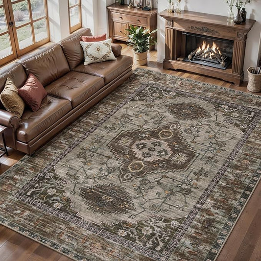 Tangsoo 5x7 Area Rug Washable Rug for Living Room, Vintage Indoor Non Slip Large Area Rugs, Print Distressed Carpet, Soft Low Pile Foldable Floor Rug for Bedroom Dining Room Dorm Grey