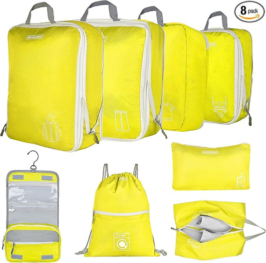 8 Set Expandable Compression Packing Cubes for Suitcases Travel Essentials Carry On Waterproof Storage Bag With Dry And Wet Separation Yellow