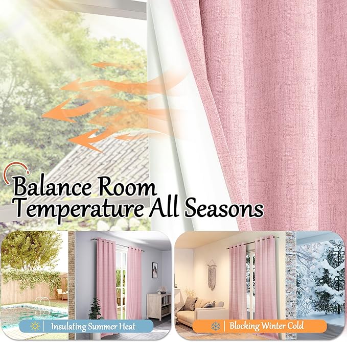 Lajode Baby Pink Linen Blackout Curtains for Girls Bedroom 84 Inch Length 2 Panels, Thermal Insulated Full Room Darkening Noise Reducing Privacy Grommet Window Curtains for Nursery, Each 52 Inch Wide