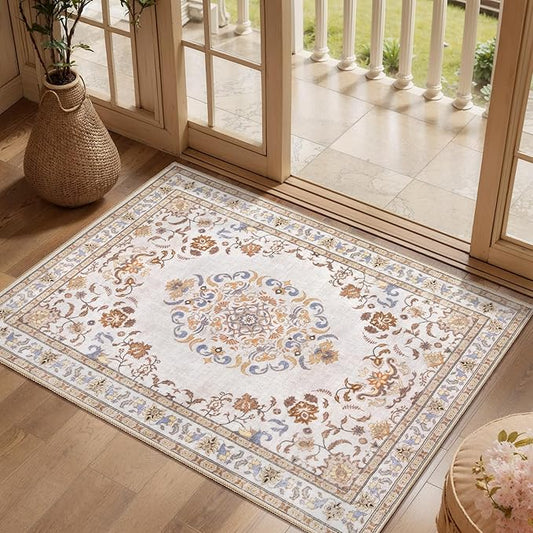 Tangsoo 2x3 Small Rug for Entryway, Washable Area Entry Rugs Non Slip, Neutral Low Pile Soft Area Rugs, Indoor Front Door Boho Throw Rug for Entrance Kitchen Bedroom Bathroom Home Decor