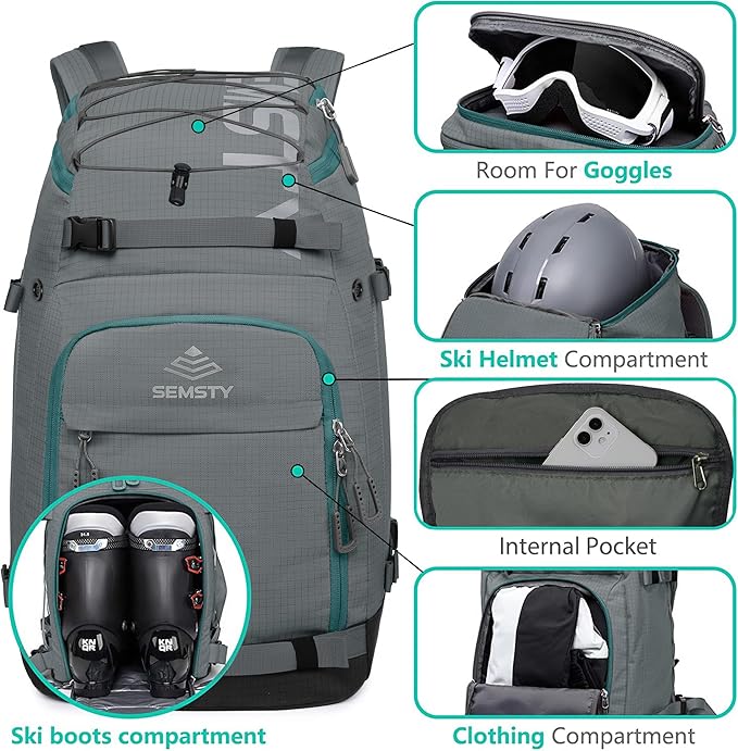Ski Boot Bag, 55L/70L Waterproof Ski and Snowboard Boots Travel Backpack for Skis, Snowboard, Ski Helmet, Goggles, Gloves & Accessories