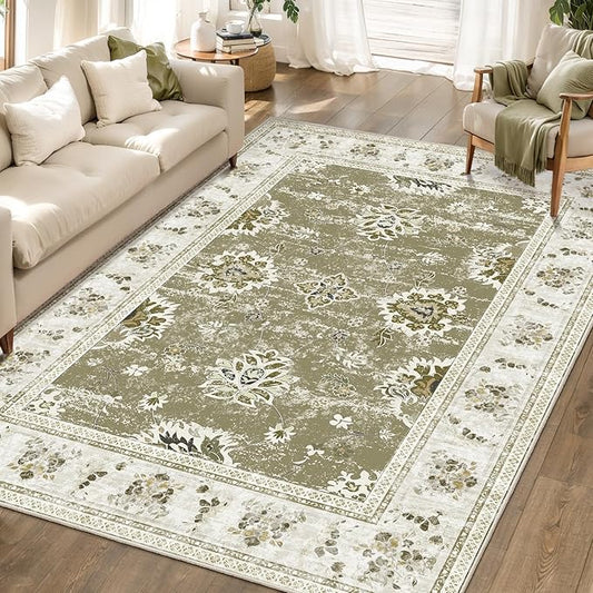 Tangsoo Floral Area Rug 8x10 Washable Vintage Carpet, Non-Slip Low Pile Large Rug for Living Room, Bedroom, Dining Room, Farmhouse, Kids Room Soft Distressed Boho Accent Rug for Home Décor