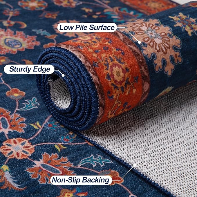 Tangsoo 2x12 Washable Runner Rug for Hallway Non Slip, Boho Floral Vintage Red Blue Carpet Long Runner Rugs for Entryway Kitchen, Floor Low Pile Runners for Laundry Bedroom Alfombra Farmhouse