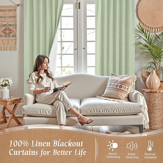 LAMIT 100% Blackout Natural Linen Curtains, 63 Inches Linen Textured Thermal Bedroom Curtains Back Tab and Rod Pocket Neutral Panels with White Liner for Farmhouse, 2 Panels, 52 x 63 Inch, Light Green