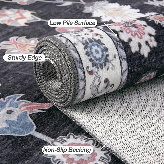 Tangsoo Floral Area Rug 3x5 Machine Washable Rug Non-Slip Vintage Distressed Boho Print, Low Pile Carpet for Living Room, Bedroom, Dining Room, Pet & Child Friendly (Black Red)