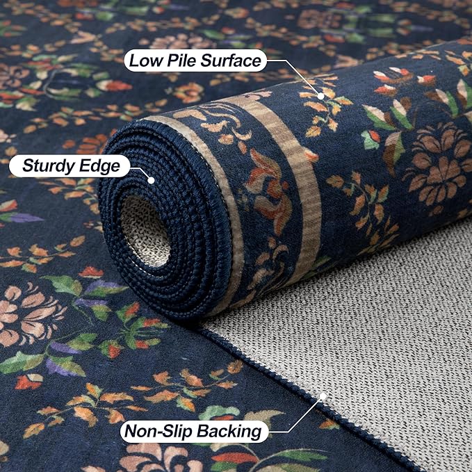 Tangsoo 2x6 Washable Runner Rug for Hallways, Non Slip Blue Floral Carpet Runner, Soft Low Pile Floor Carpet Runner for Kitchen, Laundry, Bedroom, Bathroom, Living Room Home Decor