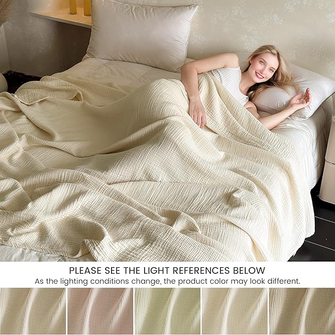 FALUCA Cotton Muslin Reversible Blanket 50x60 Inches for Bed, Couch, Four Layers Blanket, Soft Lightweight Cozy Breathable Farmhouse Decoration for All-Season, Beige