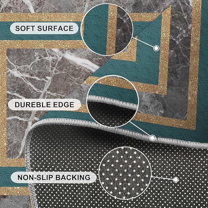 Emerald Green Marble Rug Luxury Teal Marble Area Rug Gilded Geometric Carpet Vintage Stone Crack Carpet for Bedroom Bedside Living Room 3x5ft