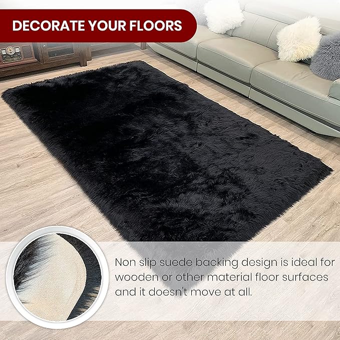LAMBZY High Pile Super Fluffy Soft Faux Sheepskin Rug | Faux Sheepskin Rugs for Living Room Playroom Bedroom | Classic Super Soft to Touch Rug (9'x12', Black)