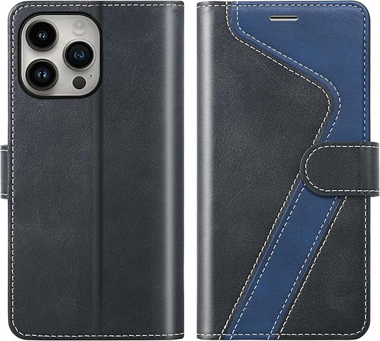CIVICASE for iPhone 14 Pro Wallet Case,Leather Flip Case [RFID Blocking] Credit Card Holder Folio Magnetic Stand TPU Shockproof Cover Color Matching for iPhone 14 Pro (6.1") Black Blue