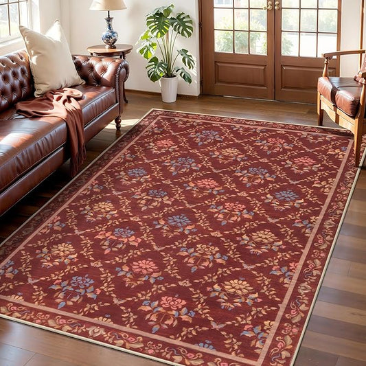 Tangsoo 5x7 Washable Area Rug, Non Slip Red Floral Indoor Rug, Soft Low Pile Floor Carpet for Living Room, Bedroom, Dining Room, Pet & Child Friendly Room Decor, Easy to Clean