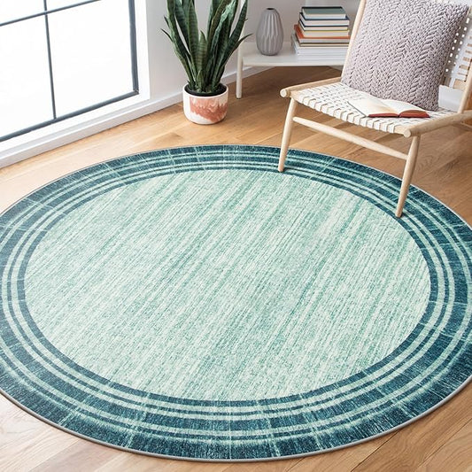 Lahome Abstract Round 4ft Entryway Rug, Washable Teal Entry Rugs Non Slip Circle Kitchen Carpet, Minimalist Border Dining Room Rug Indoor Room Carpet for Under Chair Coffee Table Entrance Mats