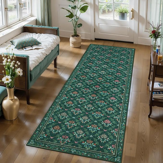 Tangsoo 2x6 Washable Runner Rug for Hallways, Non Slip Green Floral Carpet Runner, Soft Low Pile Floor Carpet Runner for Kitchen, Laundry, Bedroom, Bathroom, Living Room Home Decor