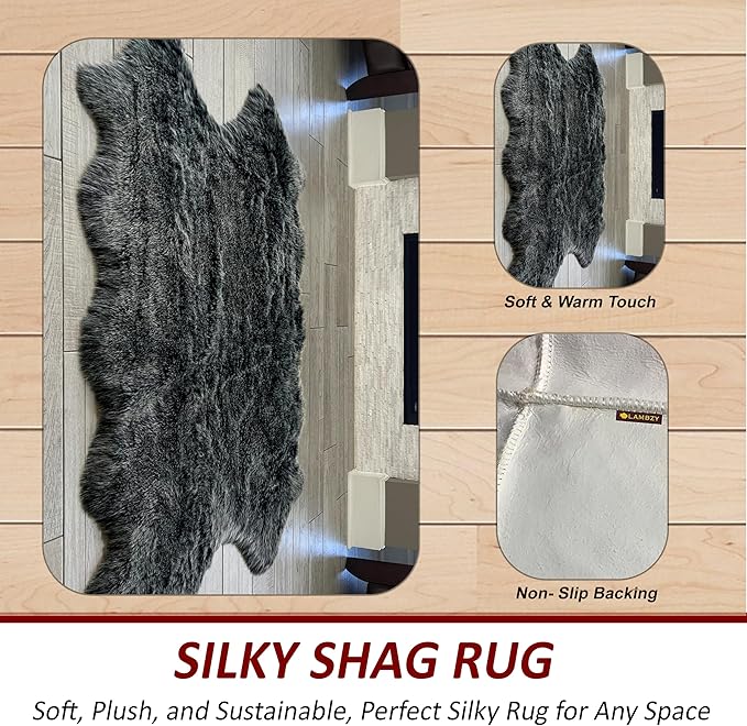 Free Shape Luxury Soft Fluffy Shag Area Rug Double 2'x6', 60x180cm - Vegan Fur Ultra Soft Indoor Carpet Nursery Rugs for Bedroom Home Decor, Black with White Tips