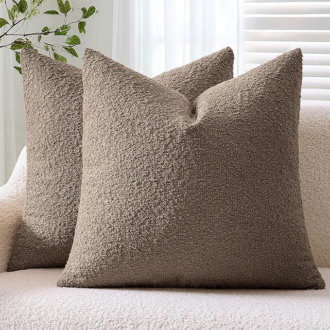 ANRODUO Pack of 2 Textured Boucle Throw Pillow Covers Soft Brown Euro Decorative Accent Solid Pillow Cases Cozy Modern Couch Cushion Case for Chair Sofa Bedroom Living Room Home Decor, 26 x 26 Inch