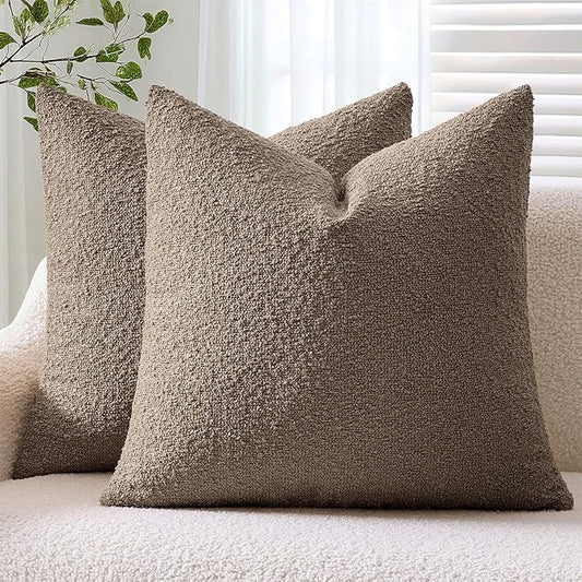 ANRODUO Pack of 2 Textured Boucle Throw Pillow Covers Soft Brown Euro Decorative Accent Solid Pillow Cases Cozy Modern Couch Cushion Case for Chair Sofa Bedroom Living Room Home Decor, 26 x 26 Inch