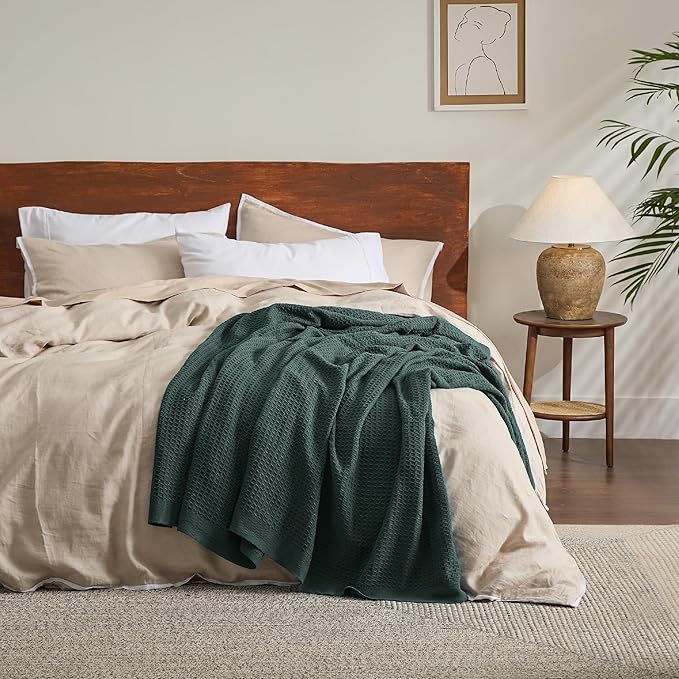Bedsure Gentlesoft 100% Cotton Large Throw Blanket for Couch 50x70 inches - Breathable and Soft, Waffle Weave Throw Blanket for Office, Dark Green