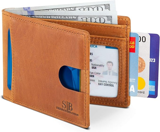 SERMAN BRANDS RFID Blocking Slim Bifold Genuine Leather Thin Minimalist Front Pocket Wallets for Men Billfold Wallet Men Gift