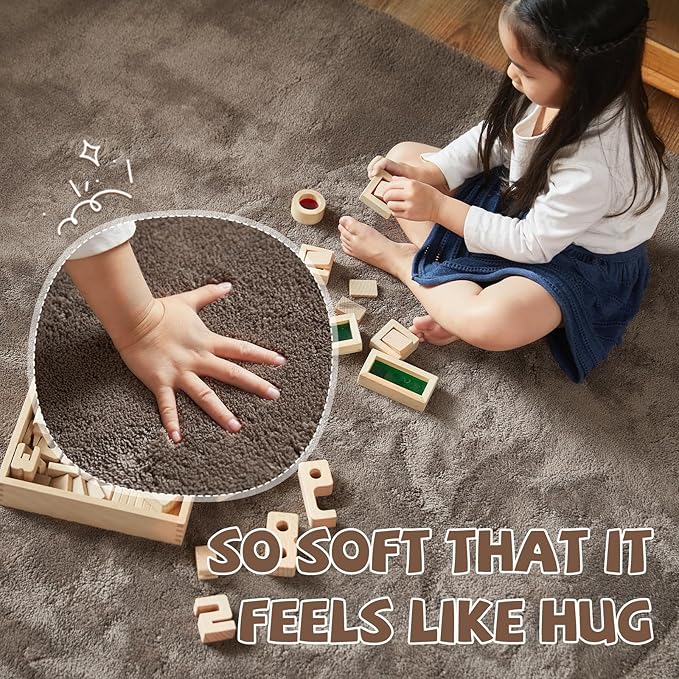 jinchan Solid Plush Area Rug 4x6 Performance Shaggy Washable Rug Indoor Soft Modern Faux Wool Cozy Non Slip Carpet for Living Room Kids Room Bedroom Dining Room Nursery Brown