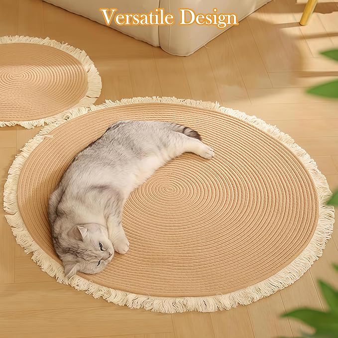 Cotton Rope Area Rug for Cats, Cat Scratching Rug, Washable Round Vintage Reversible Woven Tassel Rug, Soft and Stylish Home Accent, Easy Clean, Multiple Sizes (Coffee, 24" (60cm))