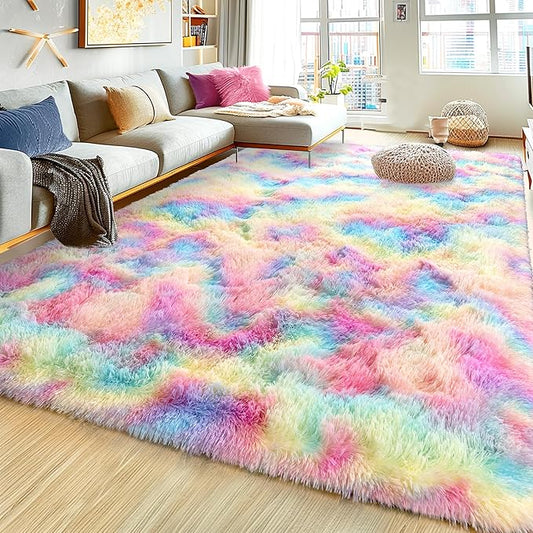 Ultra Fluffy Area Rugs for Living Room Bedroom, 6x9 Fuzzy Large Living Room Rugs, Thick Shag Rug for Dorm, Soft Non Slip Kids Girls Boys Rug for Home Decor Aesthetic, Rainbow