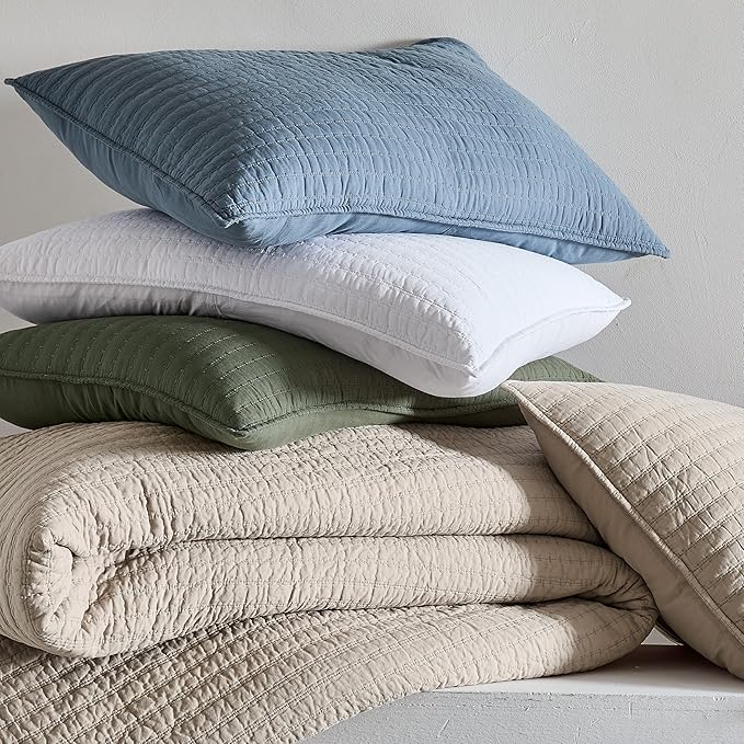 WDCOZY 100% Cotton King Size Quilt Set - Blue Striped Pick Stitch Soft Lightweight Bedspread, Textured Like Linen, Farmhouse Country Rustic Coverlet, Shabby Chic Gauze Bedding, 3 Pieces