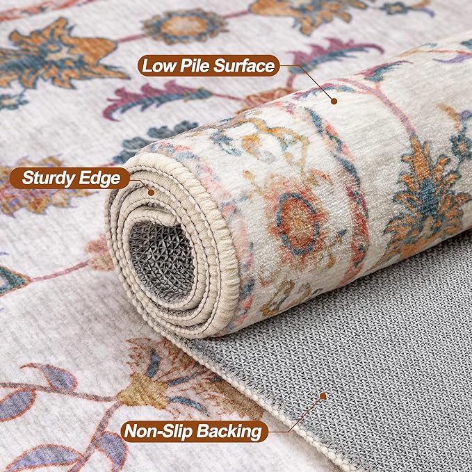 Tangsoo Washable Area Rug, 4x6 Pottery Barn Neutral Floral Rugs for Bedroom Living Room, Vintage Boho Non Slip Low Pile Beige Carpet for Farmhouse Nursery Office Laundry, Pet & Child Friendly