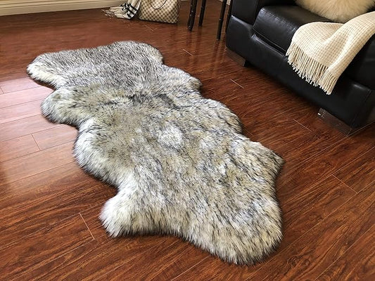Free Shape Luxury Soft Fluffy Shag Area Rug Single and a Half 2'x4', 60x120cm - Vegan Fur Ultra Soft Indoor Carpet Nursery Rugs for Bedroom Home Decor, White with Black Tips