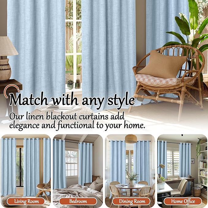 Lajode Blue Linen Blackout Curtains for Kids Bedroom Nursery 84 Inch Length 2 Panels, Thermal Insulated Full Room Darkening Noise Reducing Privacy Window Curtains for Boy Room, Each 52 Inch Wide