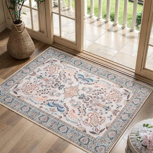Tangsoo 2x3 Small Rug for Entryway, Washable Area Entry Rug Non Slip, Neutral Low Pile Soft Area Rugs, Indoor Front Door Boho Floral Throw Rugs for Entrance Kitchen Bedroom Bathroom Home Decor