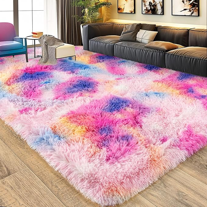 Large 9x12 Area Rugs for Living Room, Ultra Soft Shag Living Room Rug Thick Fluffy Rug for Bedroom, Plush Fuzzy Carpet for Girls Boys Kids Room Non Slip Dorm Rugs for Home Decor Aesthetic Dark Rainbow