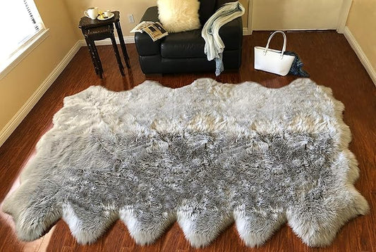 Free Shape Luxury Soft Fluffy Shag Area Rug Duo Decto 12 Pelts 6'x12', 180x360cm - Vegan Fur Ultra Soft Indoor Carpet Nursery Rugs for Bedroom Home Decor, Grey