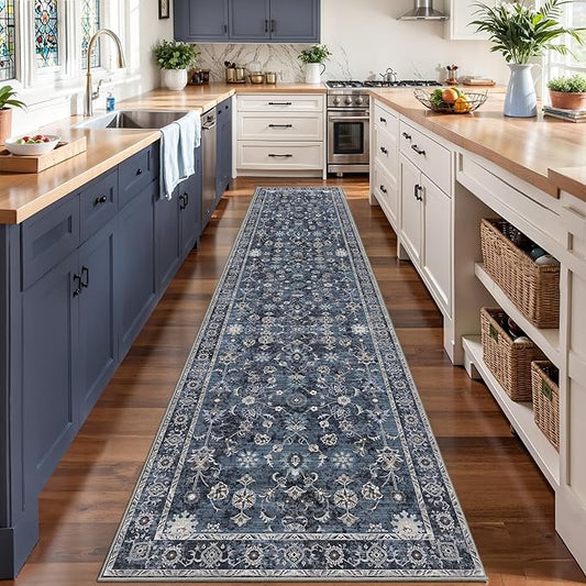 Tangsoo 2.6x12 Washable Long Runner Rug for Hallway Non Slip, Boho Floral Vintage Carpet Runner Rugs for Entryway Kitchen, Floor Low Pile Runners for Laundry Bedroom Alfombra Blue Black Farmhouse
