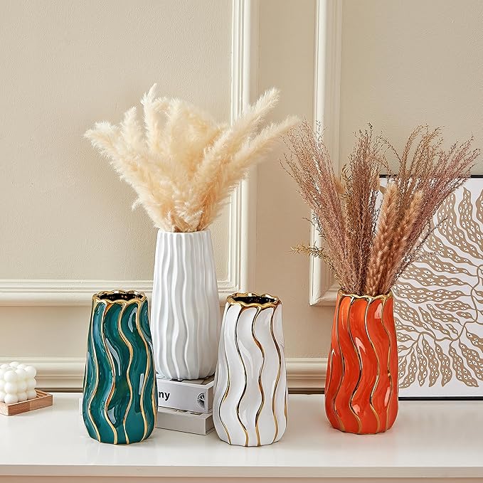 Ceramic Vase, Green Vase for Home Decor,Decorative Flower Vase, Vertical Stripe Ceramic Vases for Home Décor, Bedroom, Office, Living Room, Bathroom, Tabletop Decor, Centerpiece (Green)
