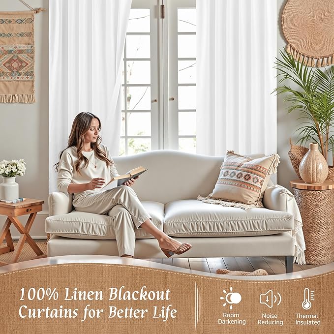 LAMIT 40 Inch Length Short White Linen Curtains for Cafe, 100% Blackout Linen Textured Thermal Curtains Back Tab and Rod Pocket Panels with White Liner for Kitchen/Small Window, 2 Panels, 34 x 40 Inch