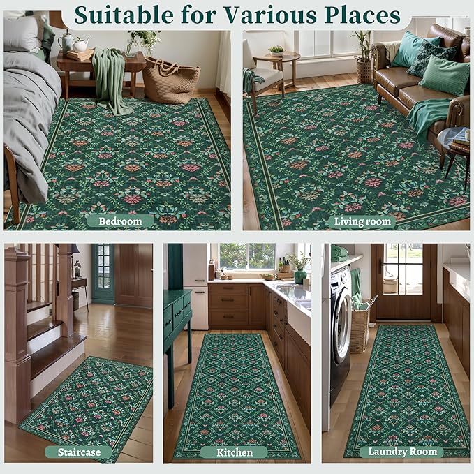 Tangsoo 2x6 Washable Runner Rug for Hallways, Non Slip Green Floral Carpet Runner, Soft Low Pile Floor Carpet Runner for Kitchen, Laundry, Bedroom, Bathroom, Living Room Home Decor
