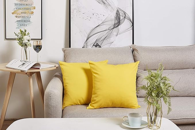 TangDepot Handmade Decorative Solid 100% Cotton Canvas Throw Pillow Covers/Pillow Shams, (14"x14", Yellow)