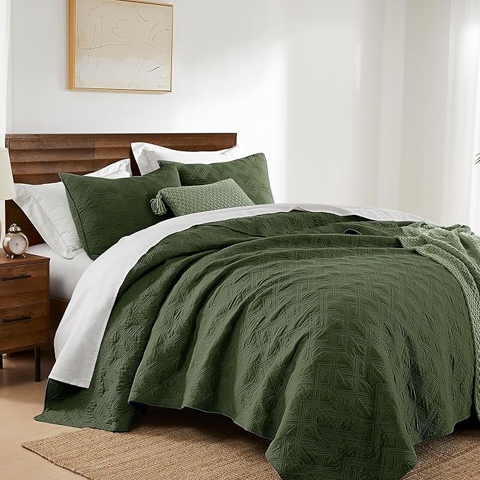 WDCOZY 100% Cotton Oversized King Quilt Set - Olive Green California Cal King Size Soft Lightweight Modern Bedspread, Farmhouse Country Rustic Coverlet, Textured Like Linen, Shabby Chic Bedding