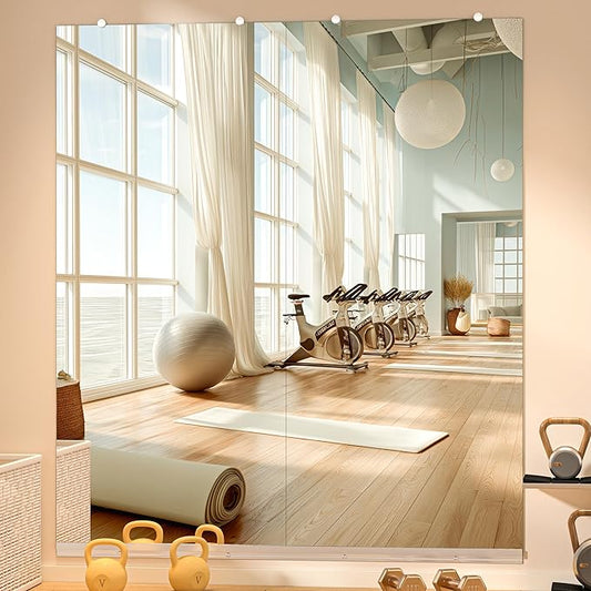Hasipu Home Gym Mirror, 71"x32" Each, 2-Pack Frameless Wall Mounted Mirrors with Glass Clamps & 2 Aluminum Rail, Large Body Mirror for Home Gym, Yoga Studio, Bedroom, Silver Tempered Glass