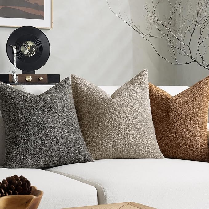Throw Pillow Covers 20 x 20 Inch Set of 2, Accent Soft Boucle Textured Pillow Cover, Decorative Solid Color Cozy Cushion Pillow Case for Couch Bedroom Sofa Living Room Home Decor, Oatmeal