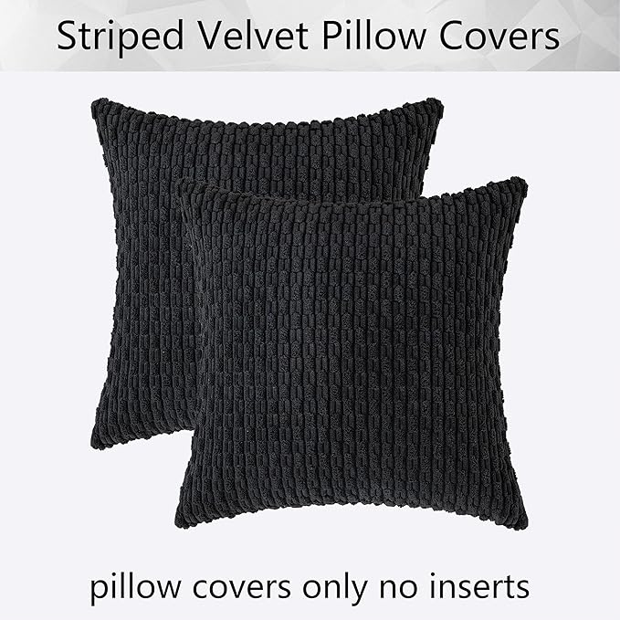 Kevin Textile Set of 2 Decorative Pillow Cover Solid Striped Corduroy Plush Velvet Cushion Cover for Couch 50cm 20 x 20 Inch Black