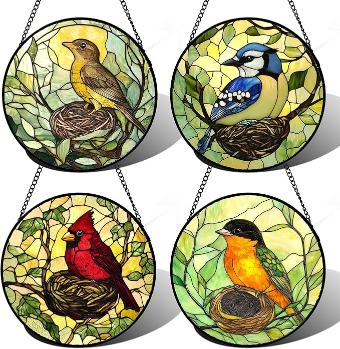 DASTOLL Stained Glass Window Hanging 4 Pcs Set Bird Theme On Branch Large 15" - Cardinal Suncatcher Door Garden Sun Catcher Decor Birthday Christmas for Mom Woman Nana Men